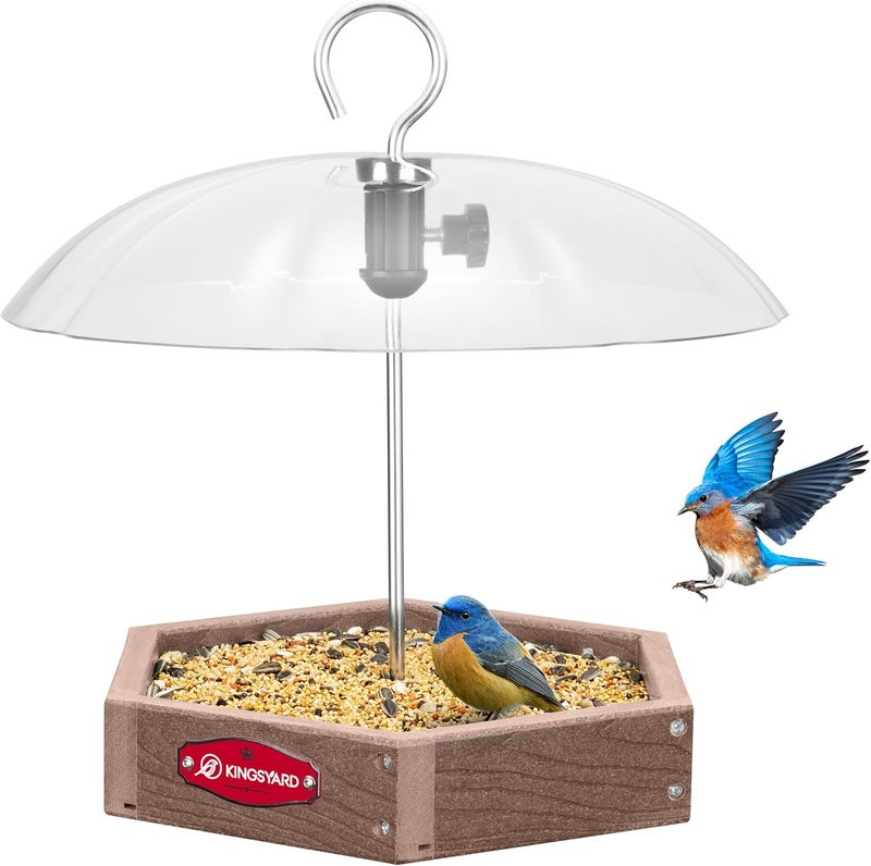 Kingsyard Large Platform Bird Feeder Outdoor Hanging, Adjustable Dome Squirrel Proof Rain Cover, Metal Mesh Tray Recycled Plastic Wild Bird Seed Feeding Station, Brown - Image 1